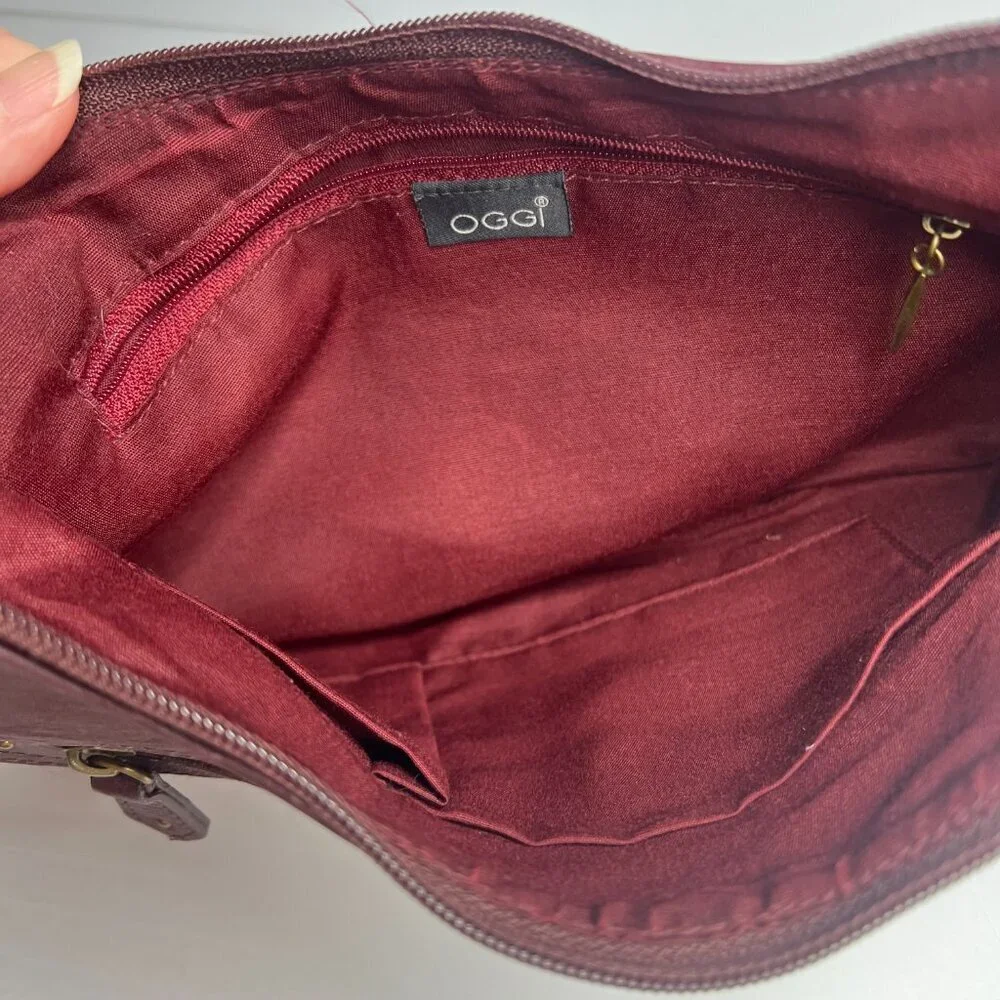 Oggi Hobo Shoulder Bag‎ Purse Velvet Strap Burgandy Chevron Tweed 70s Boho Indie